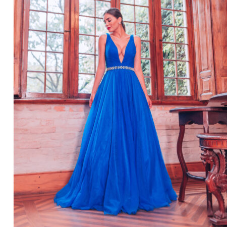 Vestido Payton Importado Busto com Pregas de Tule, Pala Bord - Royal