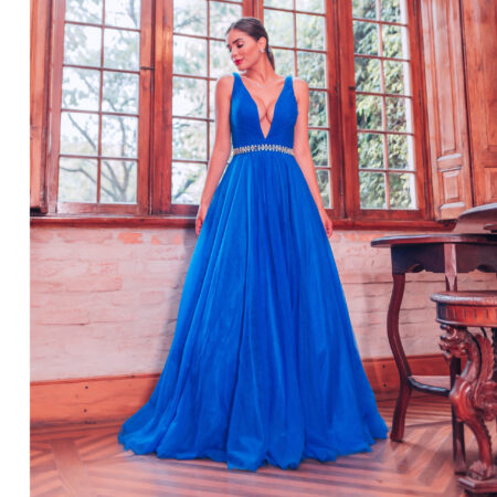 Vestido Payton Importado Busto com Pregas de Tule, Pala Bord - Royal