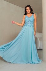 Vestido  Veda Busto Renda Saia Chiffon Rodado - Azul Céu
