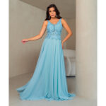 Vestido  Veda Busto Renda Saia Chiffon Rodado - Azul Céu