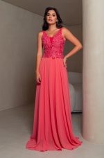 Vestido  Veda Busto Renda Saia Chiffon Rodado - Coral