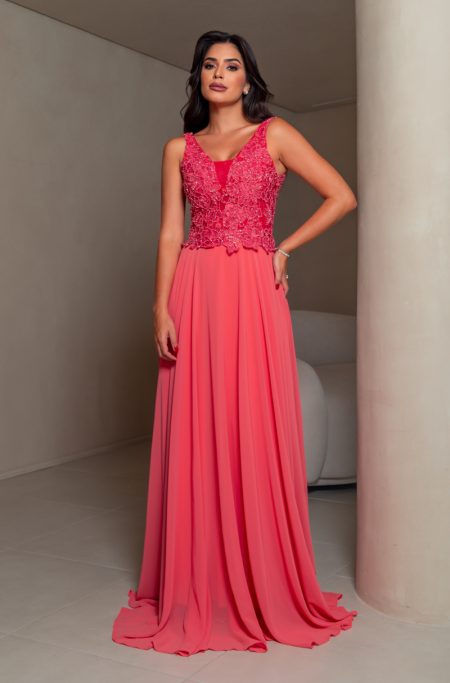 Vestido  Veda Busto Renda Saia Chiffon Rodado - Coral
