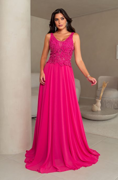 Vestido  Veda Busto Renda Saia Chiffon Rodado - Pink