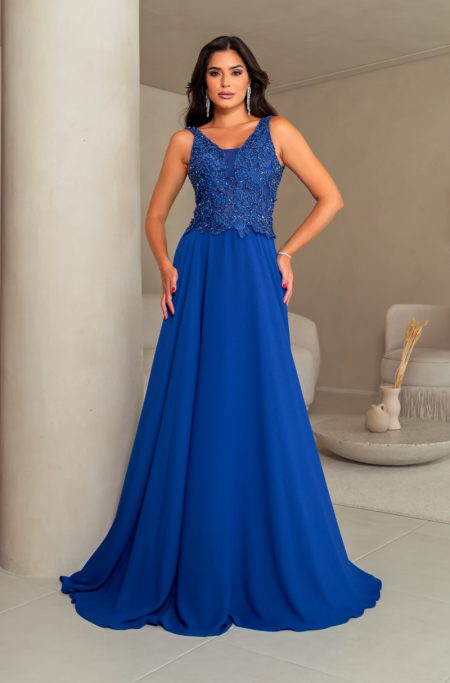 Vestido  Veda Busto Renda Saia Chiffon Rodado - Royal