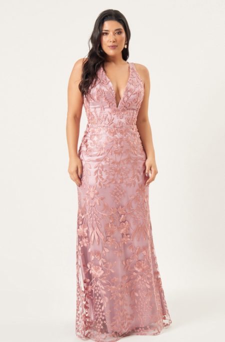 Vestido Evalina Tule Bordado Decotado Saia Sereia - Rose