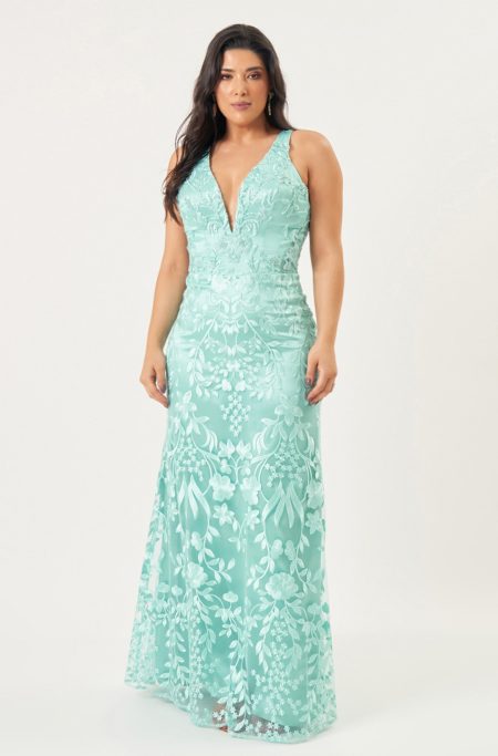 Vestido Evalina Tule Bordado Decotado Saia Sereia - Tiffany