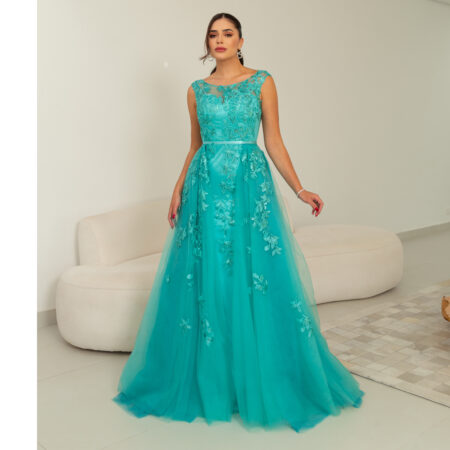 Vestido Lilian Importado Renda Aplicada com Paete e Pérola - Tiffany