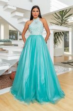 Vestido Alicia Importado Renda Aplicada com Perola, Gola Alt - Tiffany