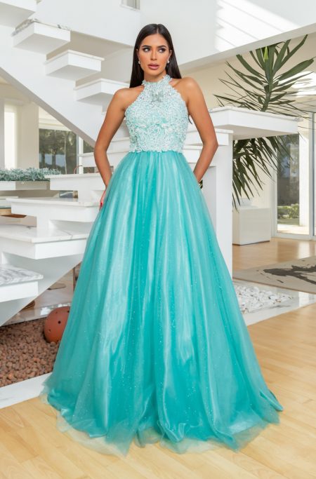 Vestido Alicia Importado Renda Aplicada com Perola, Gola Alt - Tiffany