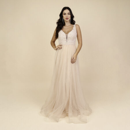 Vestido Willow Importado Busto Renda, Paete Bordada e Saia F - Nude