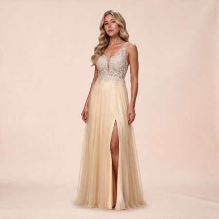 Vestido Kylie Importado Busto Renda Bordada e Saia de Tule R - Dourado