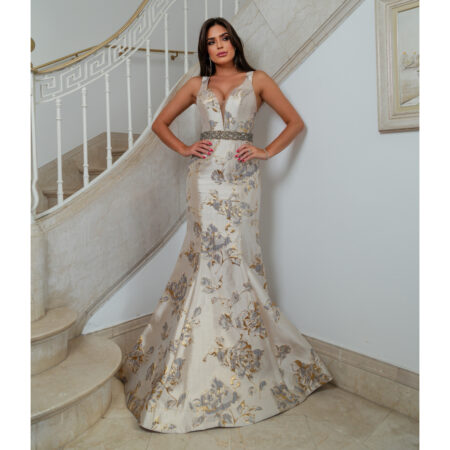 Vestido Nyla Importado Jacquard, Pala Bordada e Saia Sereia - Estampado