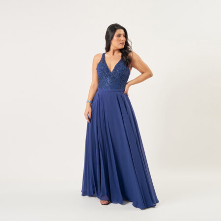 Vestido Nandes Bordado, Desenho Simetrico, Cinto e Saia Chiffon Rodada - Marinho