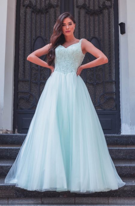 Vestido Kamila Importado Busto Bordado e Saia de Tule Rodada - Tiffany