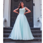 Vestido Kamila Importado Busto Bordado e Saia de Tule Rodada - Tiffany