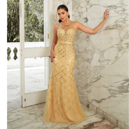 Vestido Olive Importado Bordado, Cinto e Saia Sereia - Dourado