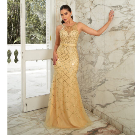 Vestido Olive Importado Bordado, Cinto e Saia Sereia - Dourado