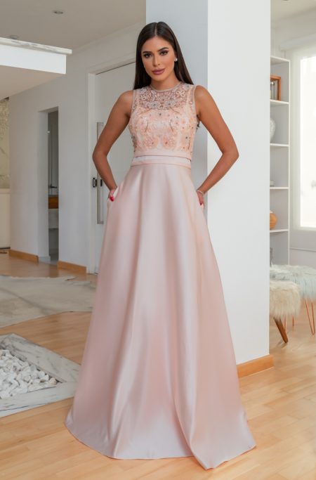 Vestido Katherine Importado Busto Bordado e Saia Levemente R - Coral