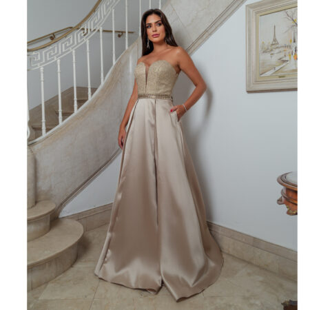 Vestido Evie Importado, Cintura Bordada e Saia Zibeline - Bege