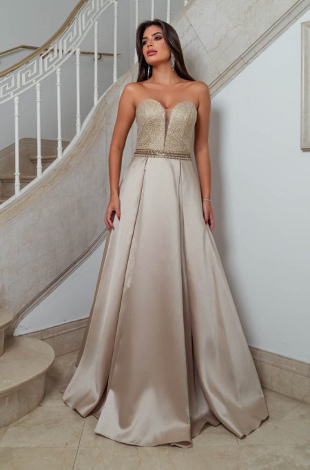 Vestido Evie Importado, Cintura Bordada e Saia Zibeline - Bege