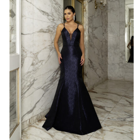 Vestido Andrea Importado, Tecido Jacquard e Saia Sereia - Marinho