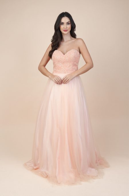 Vestido Peyton Importado Busto Bordado e Saia de Tule - Salmao