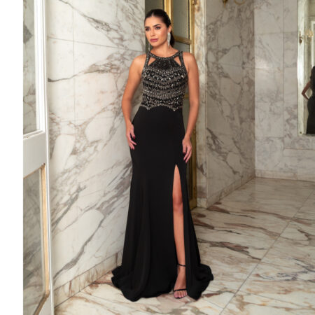 Vestido Allison Importado Busto Bordado e Saia Fenda - Preto