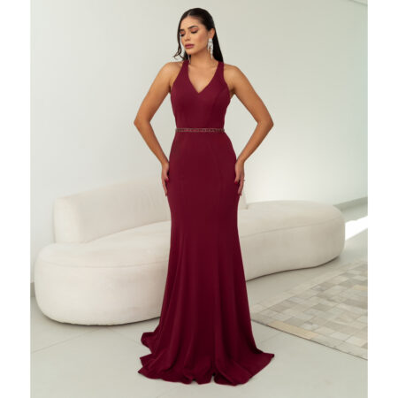 Vestido Jaqueline Importado, Cintura Bordada e Tecido Alfaia - Bordo