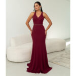 Vestido Jaqueline Importado, Cintura Bordada e Tecido Alfaia - Bordo