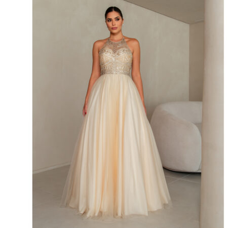 Vestido Mackenzie Importado Busto Bordado Prateado e Saia de - Dourado