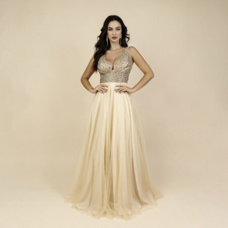 Vestido Kennedy Importado Busto Bordado e Saia de Tule Rodad - Dourado