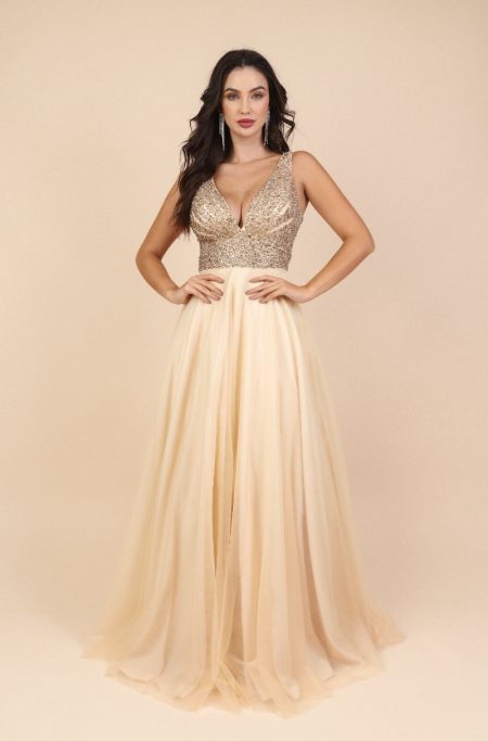 Vestido Kennedy Importado Busto Bordado e Saia de Tule Rodad - Dourado