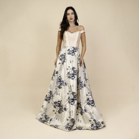 Vestido Leilani Importado Busto Liso e Saia Rodada Jacquard - Dourado