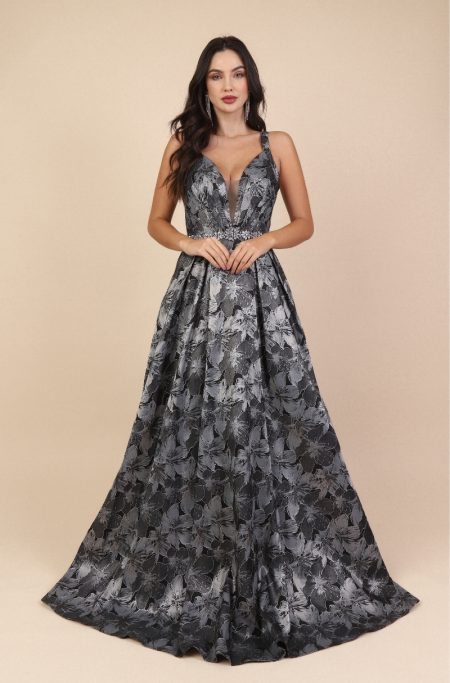 Vestido Elena Importado Busto Prega, Cintura Bordada e Saia - Cinza