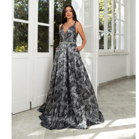 Vestido Elena Importado Busto Prega, Cintura Bordada e Saia - Cinza