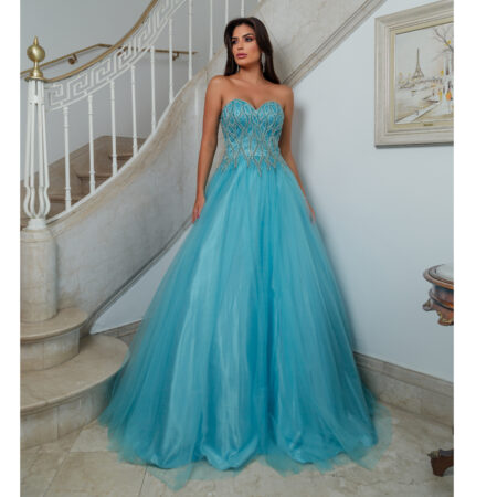 Vestido Hope Importado, Busto Bordado e Saia de Tule Rodada - Azul Ceu