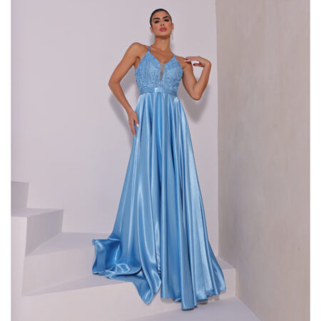 Vestido Athens Bordado, Alça Cruzada e Saia Cetim Rodada - Azul Ceu