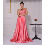 Vestido Athens Bordado, Alça Cruzada e Saia Cetim Rodada - Coral