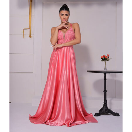 Vestido Athens Bordado, Alça Cruzada e Saia Cetim Rodada - Coral