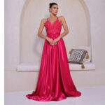 Vestido Athens Bordado, Alça Cruzada e Saia Cetim Rodada - Pink