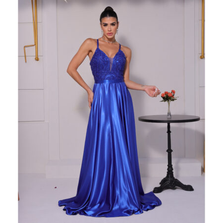 Vestido Athens Bordado, Alça Cruzada e Saia Cetim Rodada - Royal