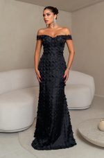 Vestido Ivy Tule Bordado Ombro A Ombro Saia Sereia - Preto