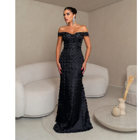 Vestido Ivy Tule Bordado Ombro A Ombro Saia Sereia - Preto