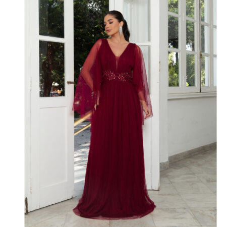 Vestido Aurelia Busto Tule Franzido com Aplicaçâo Lateral - Bordo