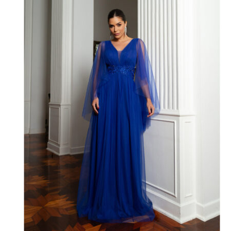 Vestido Aurelia Busto Tule Franzido com Aplicaçâo Lateral - Royal