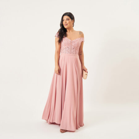 Vestido Brooke Ombro A Ombro Bordado e Saia Rodada - Rose