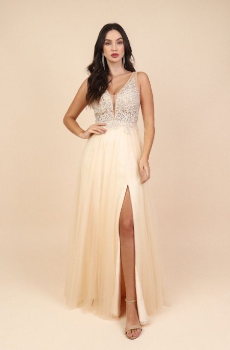 Vestido Kylie Importado Busto Renda Bordada e Saia de Tule R - Dourado