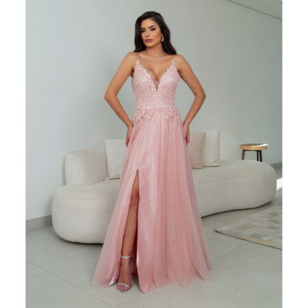 Vestido Coff Importado, Busto Bordado e Saia Rodada Fenda - Rose