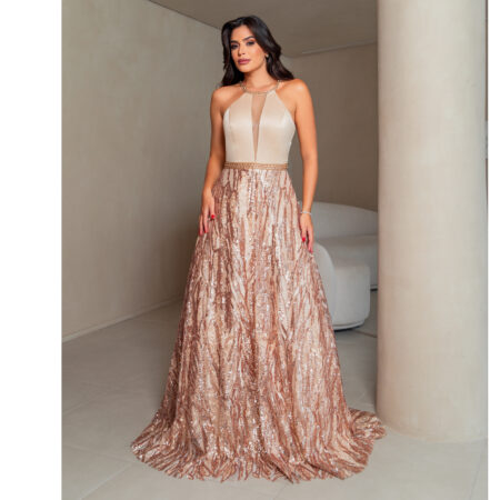 Vestido Nicole Importado Busto Liso, Gola Bordada e Saia Rod - Dourado