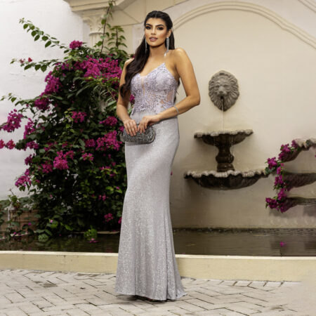 Vestido Rose Paete Saia Sereia, Costas Trançadas e Busto Aplicado - Prata